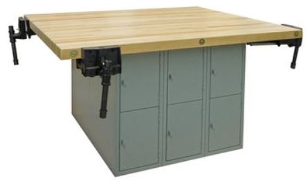 Hann L4-4V Four Station Workbench with 12 Vertical Lockers Steel Base and 4 Vises