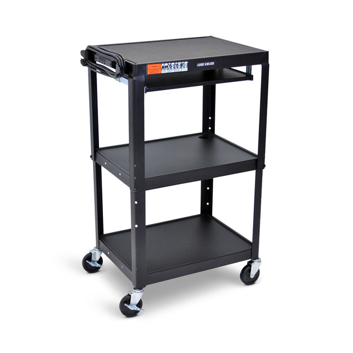 Luxor AVJ42KB Three Shelf Adjustable Height Steel AV Cart with Pull Out Tray and Electrical Assembly