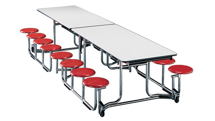 KI UF128/PY Uniframe Rectangle Folding Cafeteria Table with 16 Stools and Chrome Frame 12'L x 27"H